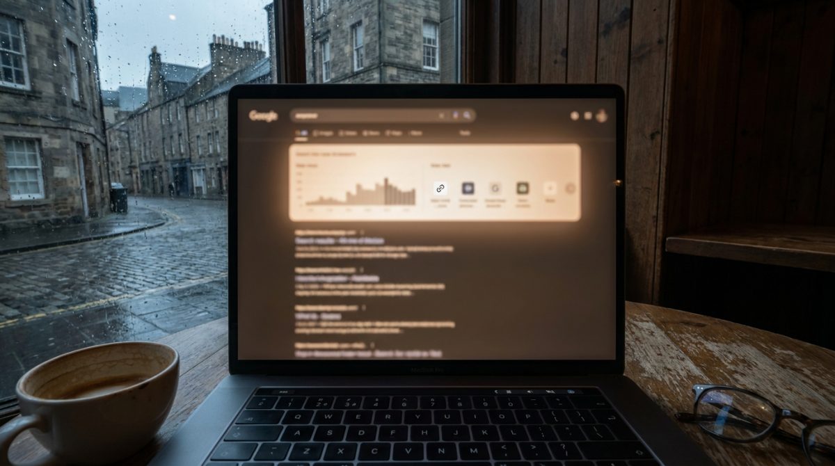 A close-up of a laptop screen showing a Google search results page with an AI Overview panel highlighted at the top, a small business website link visibly cited inside it