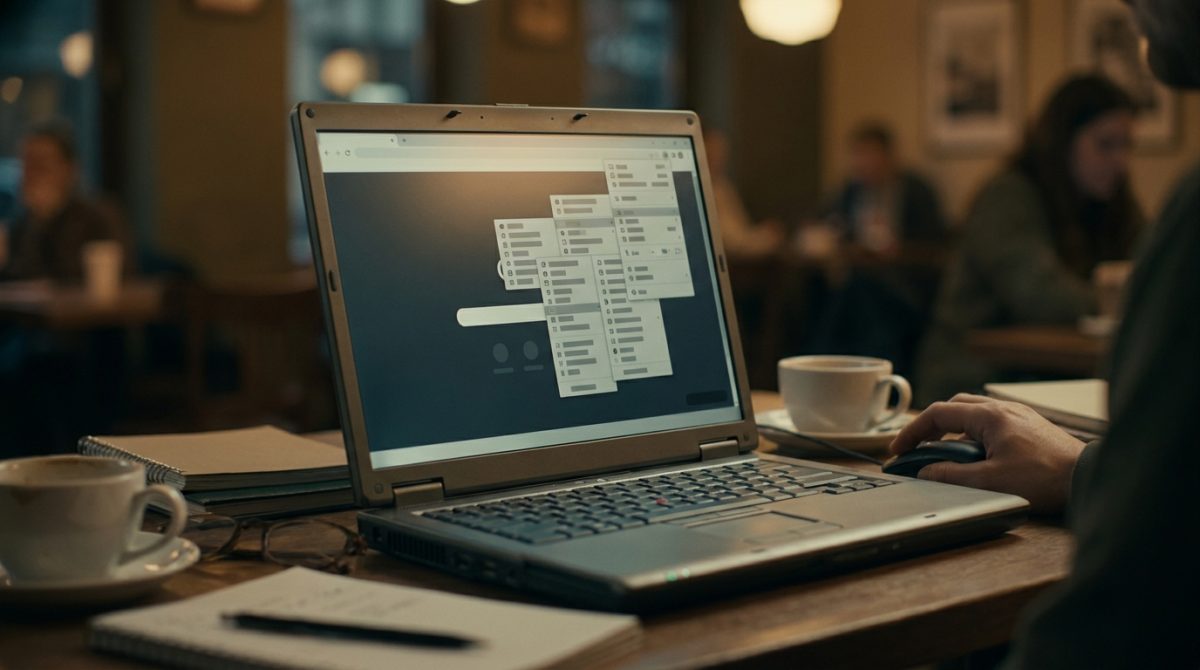 A close-up of a laptop screen showing a website navigation menu with too many cluttered dropdown items, highlighting visual overwhelm