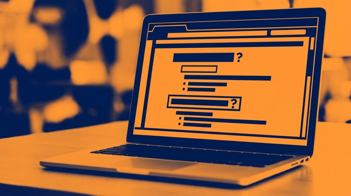 A laptop screen showing a webpage with clear question-style headings and structured FAQ sections visible in a browser