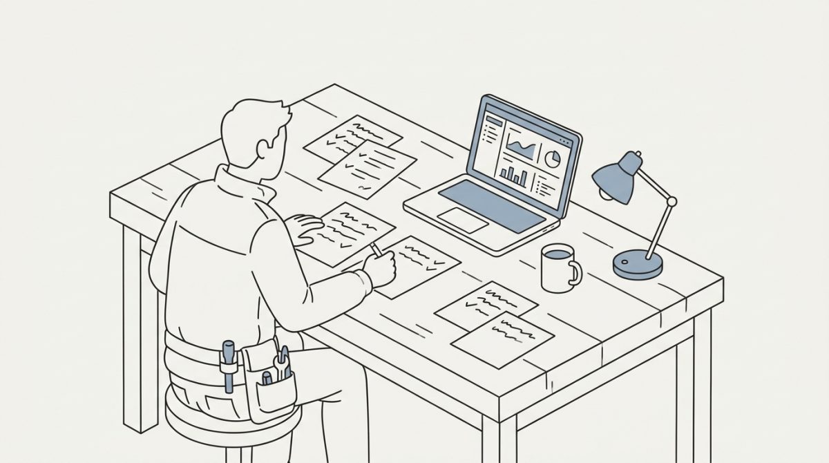 A small UK tradesperson reviewing printed customer feedback forms spread across a wooden desk, with a laptop open showing a website analytics dashboard beside them