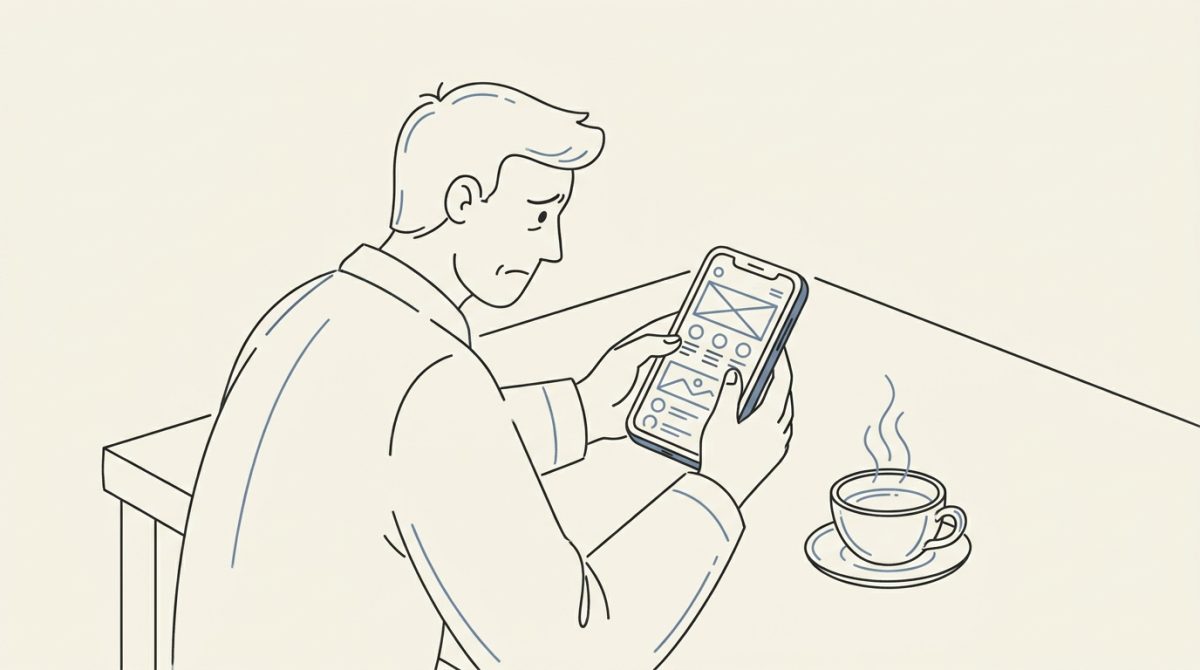 A person using a smartphone with a frustrated expression, trying to find a contact number on a website, sitting at a kitchen table with a cup of tea nearby