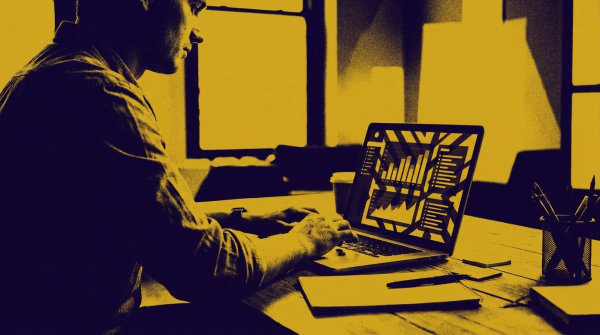 A small business owner at a desk looking at a laptop screen showing a Google Ads dashboard with campaign performance metrics and keyword lists