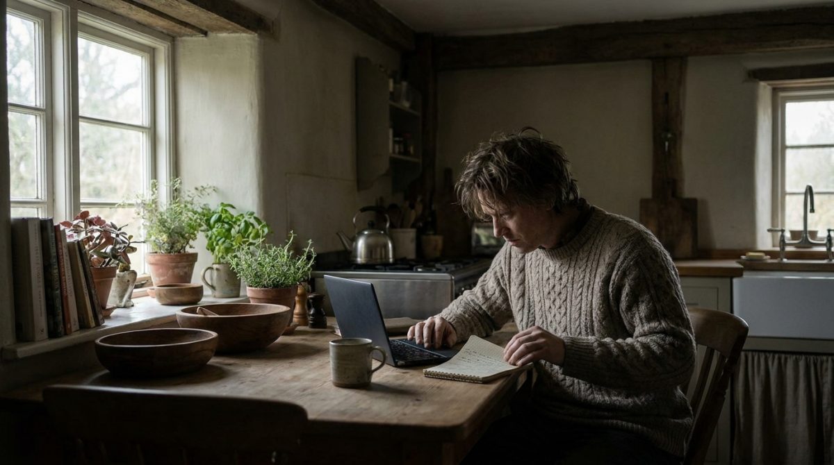 A person sitting at a laptop at a kitchen table, reading from a short handwritten list of tasks on a notepad next to the computer