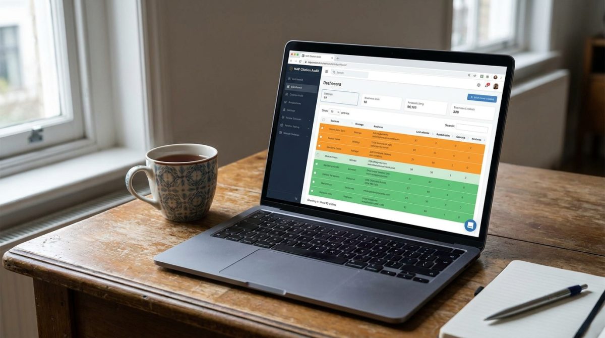 A laptop screen showing a NAP citation audit tool dashboard with business listings highlighted, on a wooden desk with a cup of tea beside it