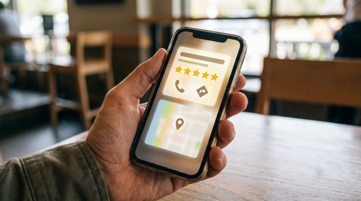 A person's hand holding a smartphone showing a Google Maps local business listing with a star rating, phone button, and directions button visible on the screen