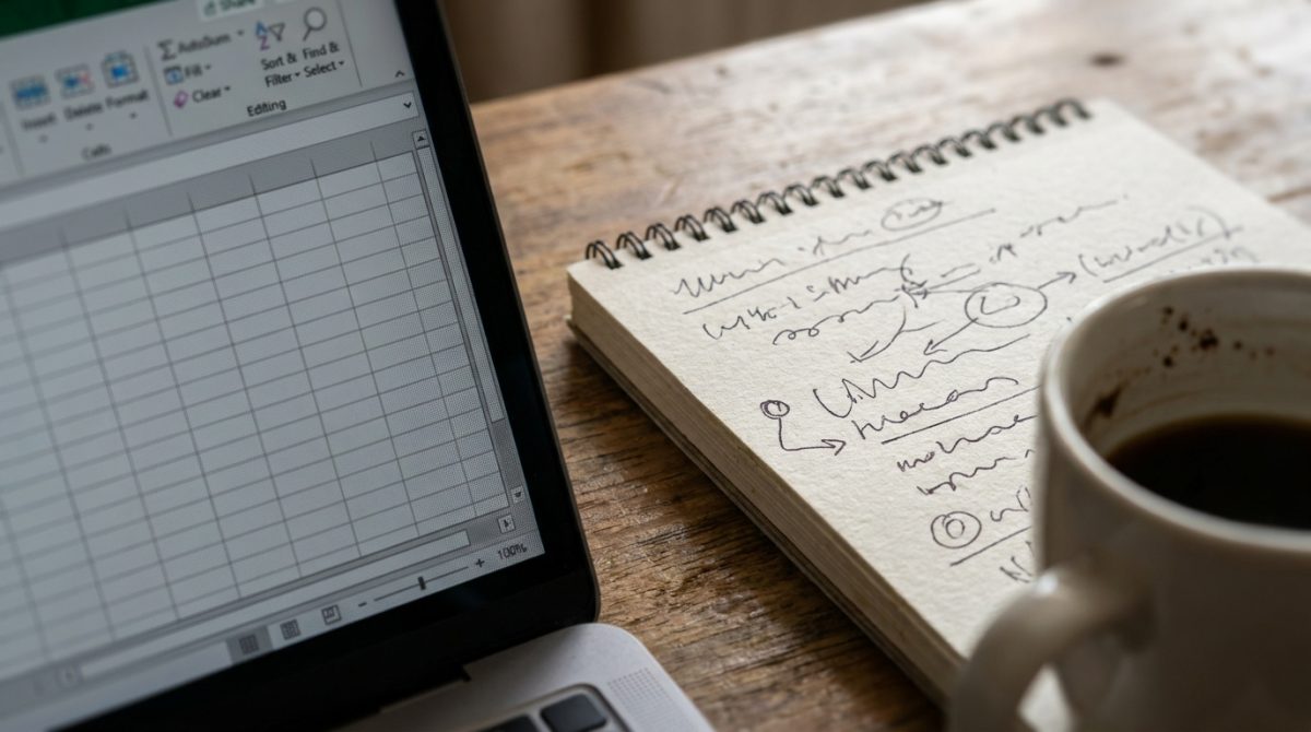 A desk with a laptop showing a spreadsheet table open alongside a notepad with handwritten observations from a usability session, a coffee cup nearby