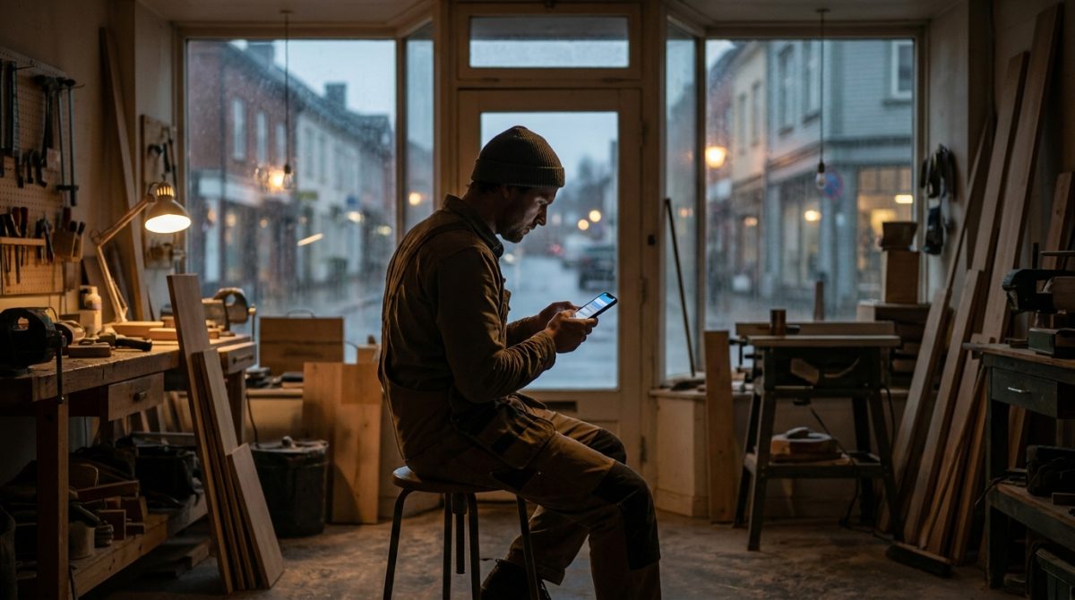 A tradesperson on a smartphone typing a reply to a customer review shown on a Google Business Profile page on the screen