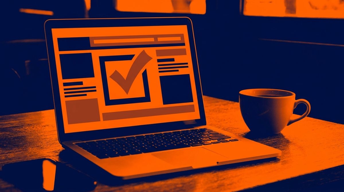 A laptop screen showing the Google Rich Results Test tool with a LocalBusiness schema result marked as valid, on a desk with a coffee cup beside it
