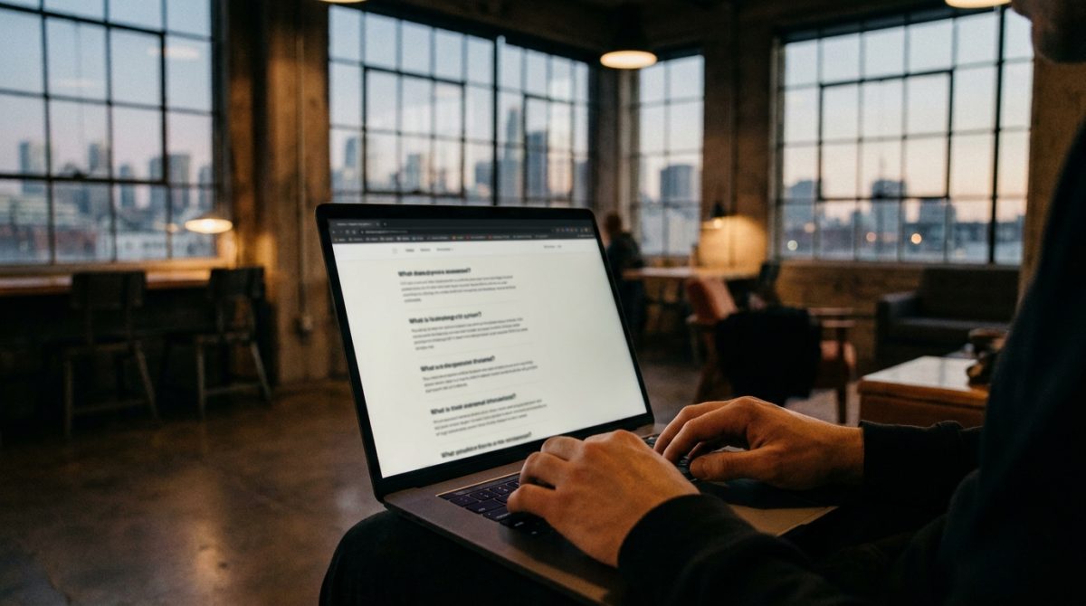 A person typing on a laptop keyboard with a clearly structured webpage visible on screen, showing bold question-format headings and short paragraph answers in a clean layout