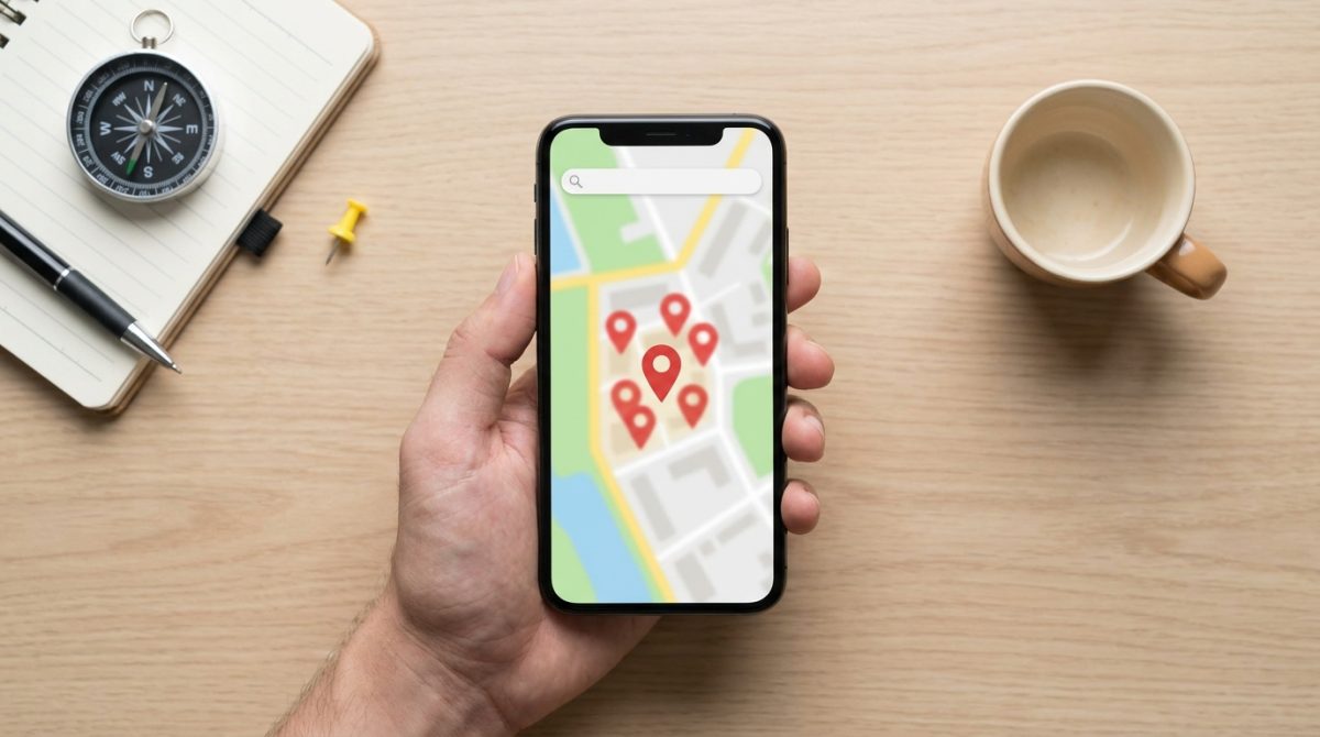 A person holding a smartphone showing a Google Maps local search results page with nearby business pins on a UK high street