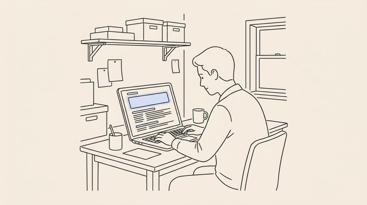 A person in a small UK shop office looking at a Google search results page on a laptop screen, showing an AI Overview summary box at the top of the results above organic blue links