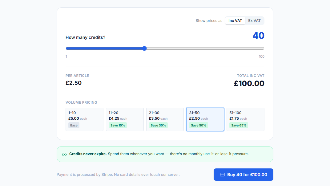 Buy credits page slider showing tier highlight and savings