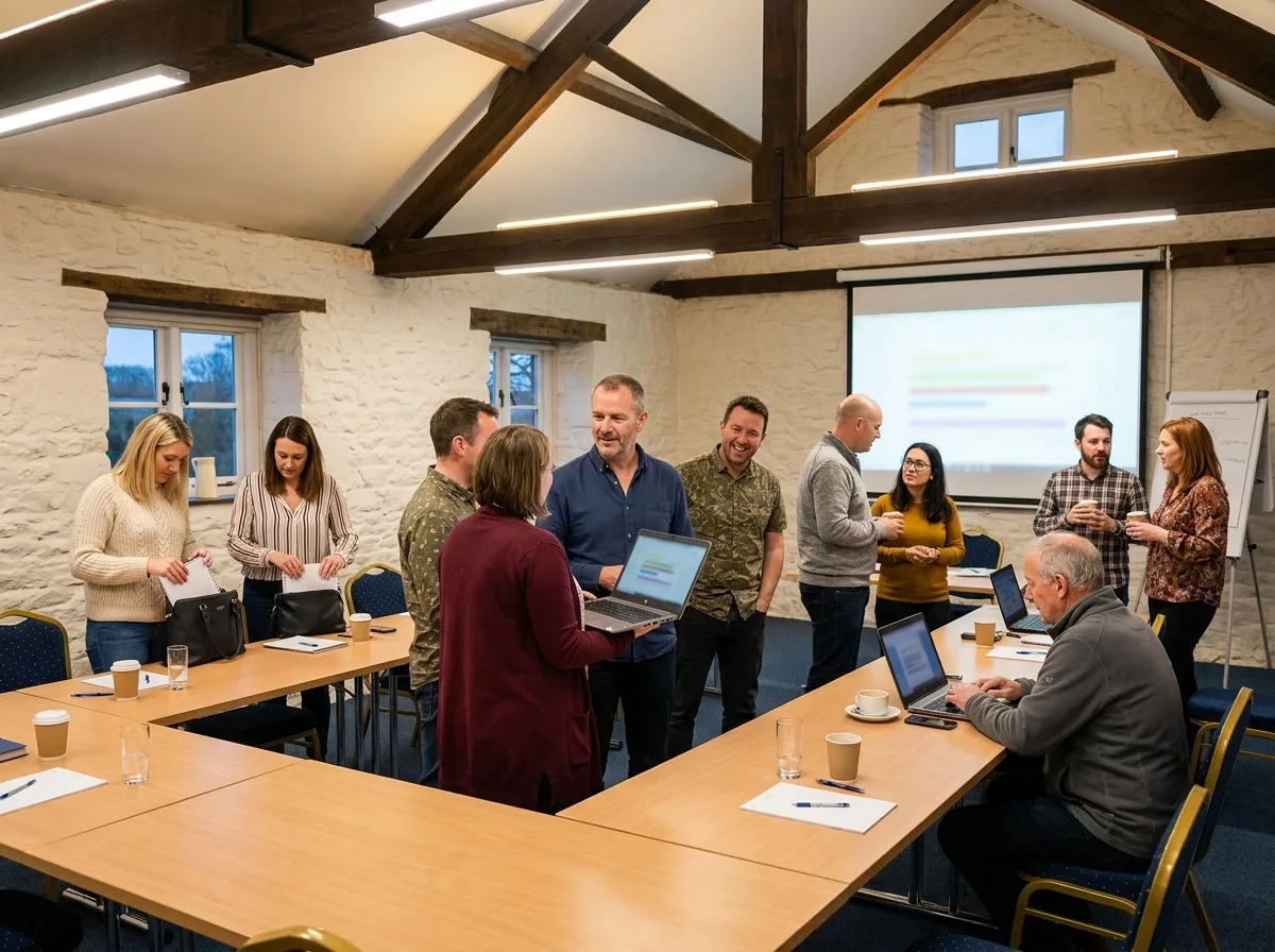 Attendees staying behind after a session in the Worthing training room