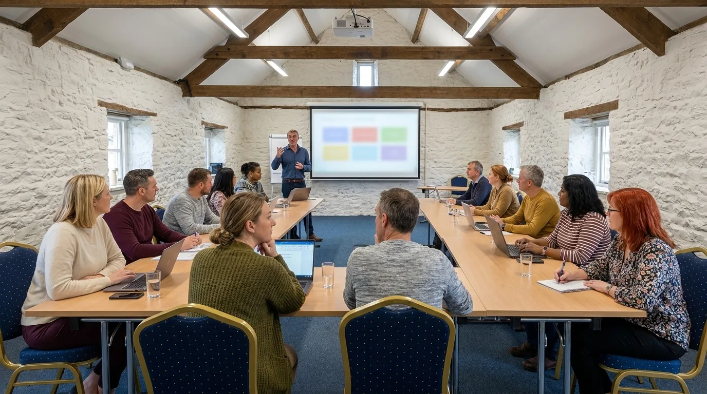 A small business AI training session in progress, ten people around a U-shape of tables in a beamed training room