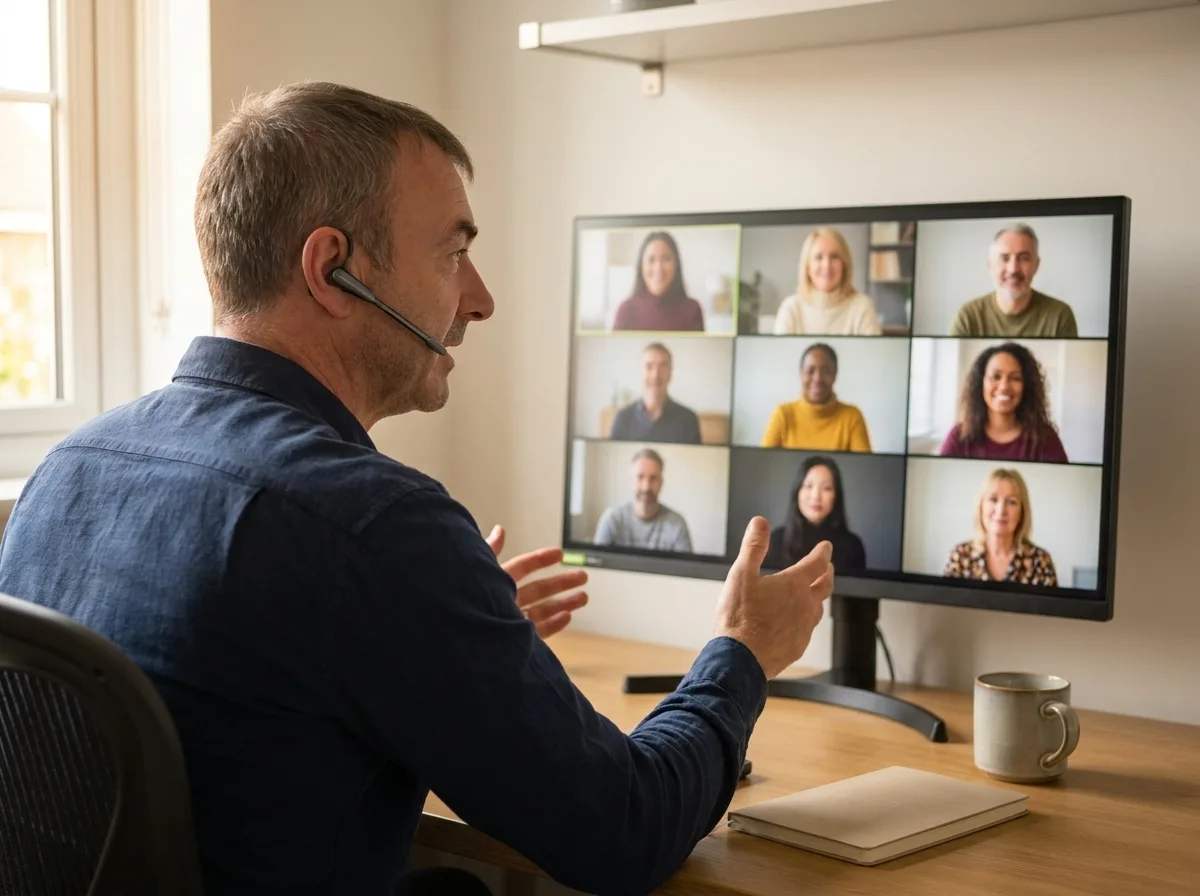 The same course taught live online to a group on a video call