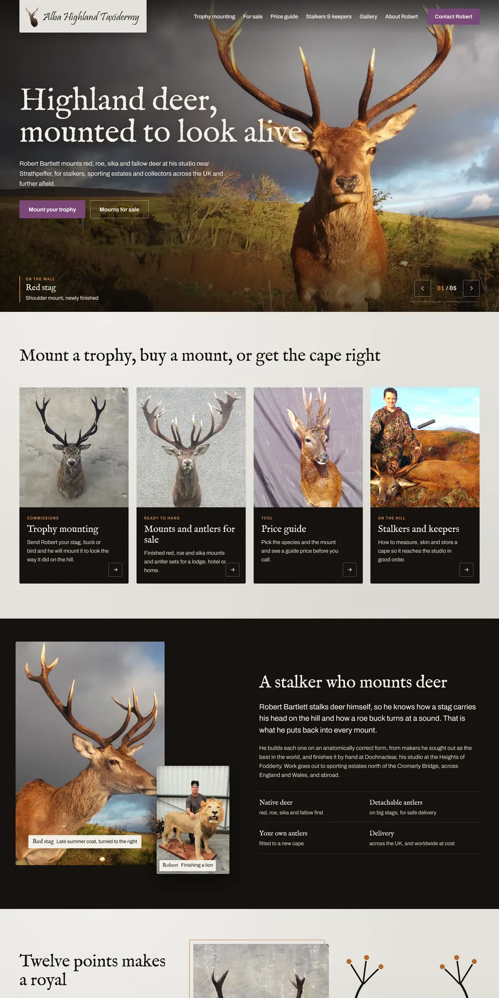 The homepage design we produced for Alba Highland Taxidermy