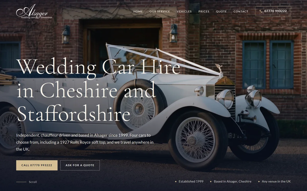 The homepage design we produced for Alsager Wedding Cars