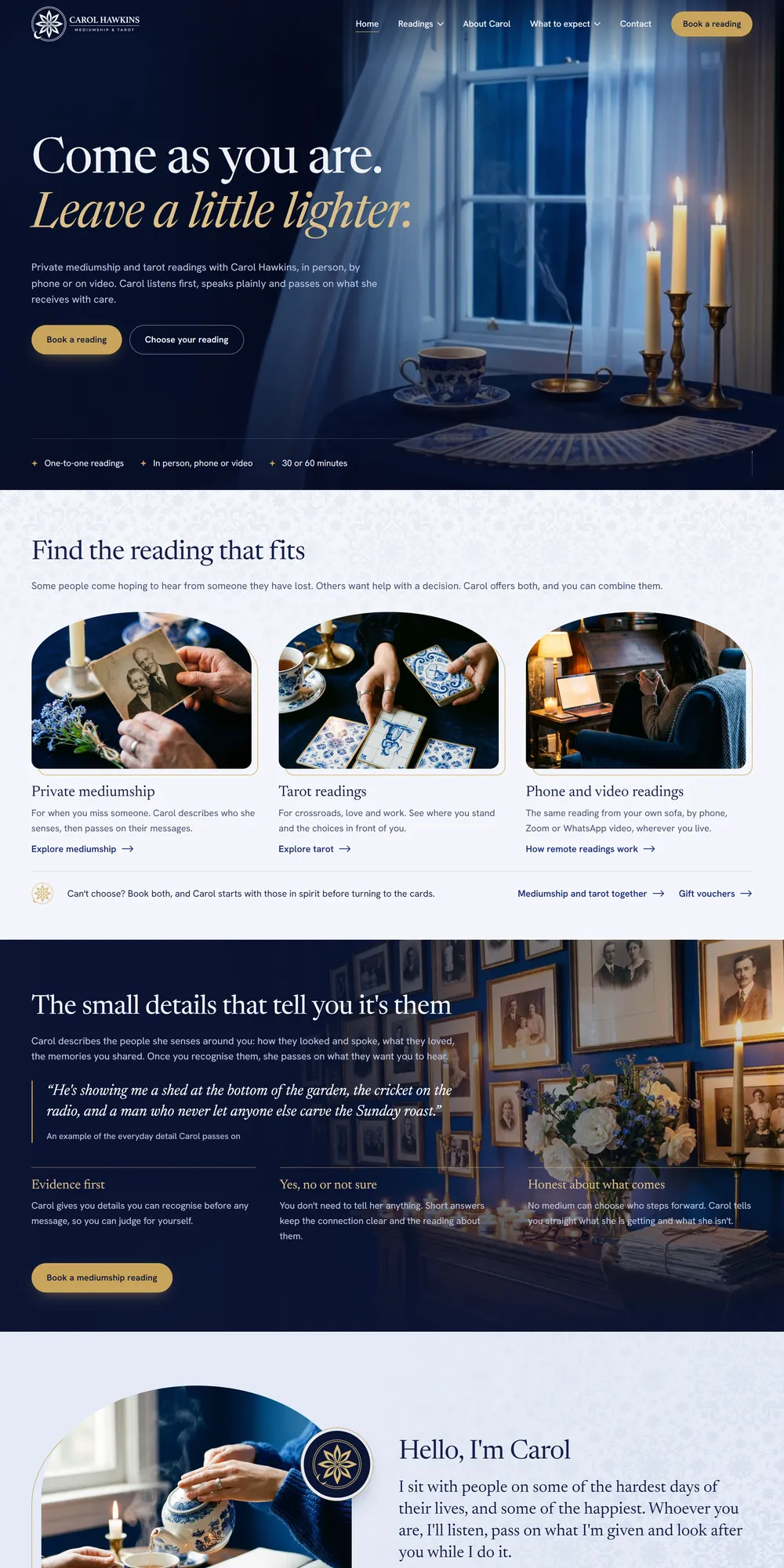 The homepage design we produced for Carol Hawkins