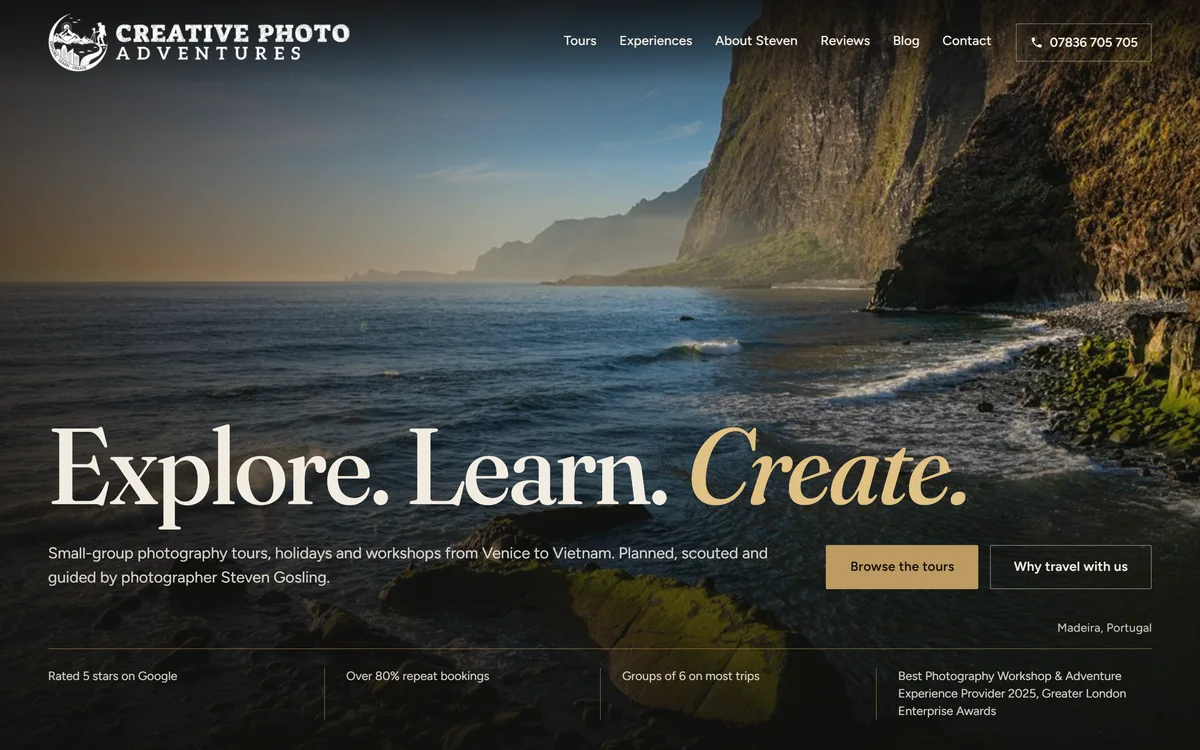 The homepage design we produced for Creative Photo Adventures