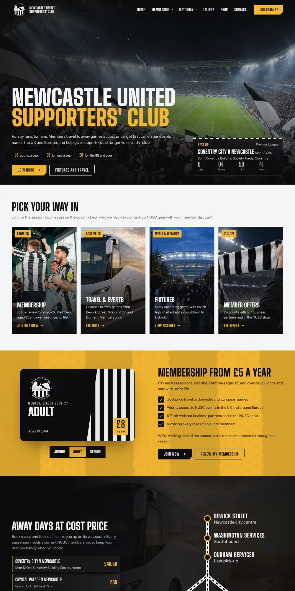 The homepage design we produced for Newcastle United Supporters' Club
