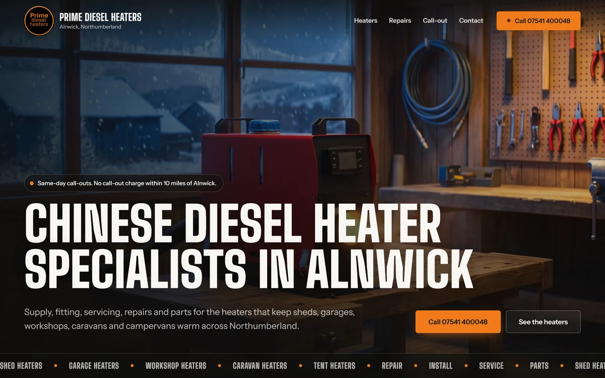 The homepage design we produced for Prime Diesel Heaters