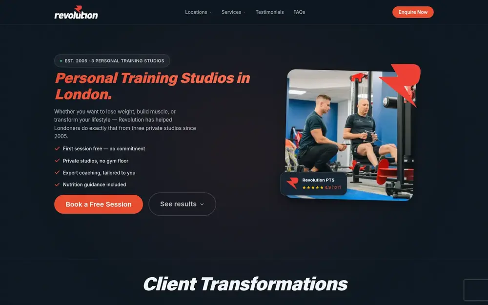 Revolution Personal Training Studios homepage as it is today