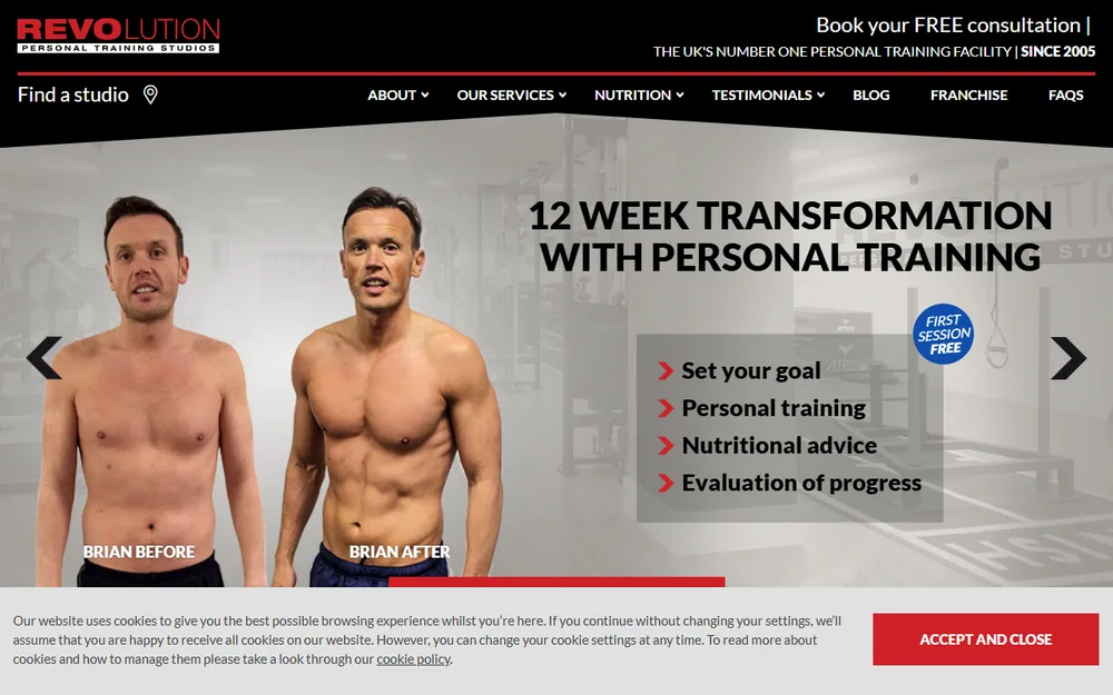 Revolution Personal Training Studios homepage as it was before we redesigned it