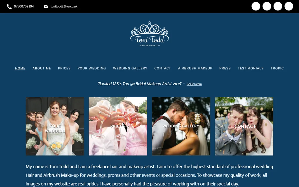 Toni Todd Hair & Makeup homepage as it was before we redesigned it