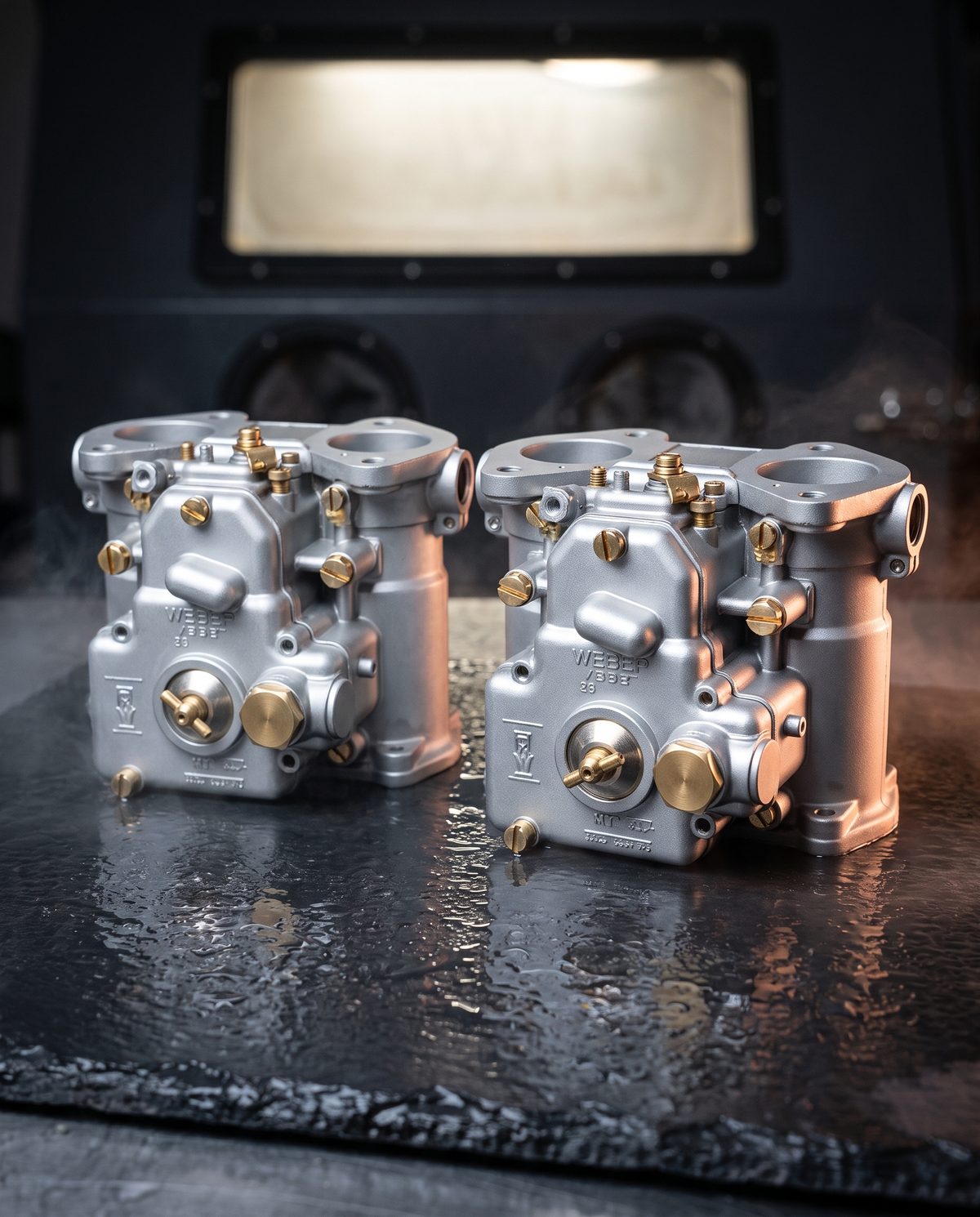 A pair of carburettors with an even satin sheen after aqua blasting