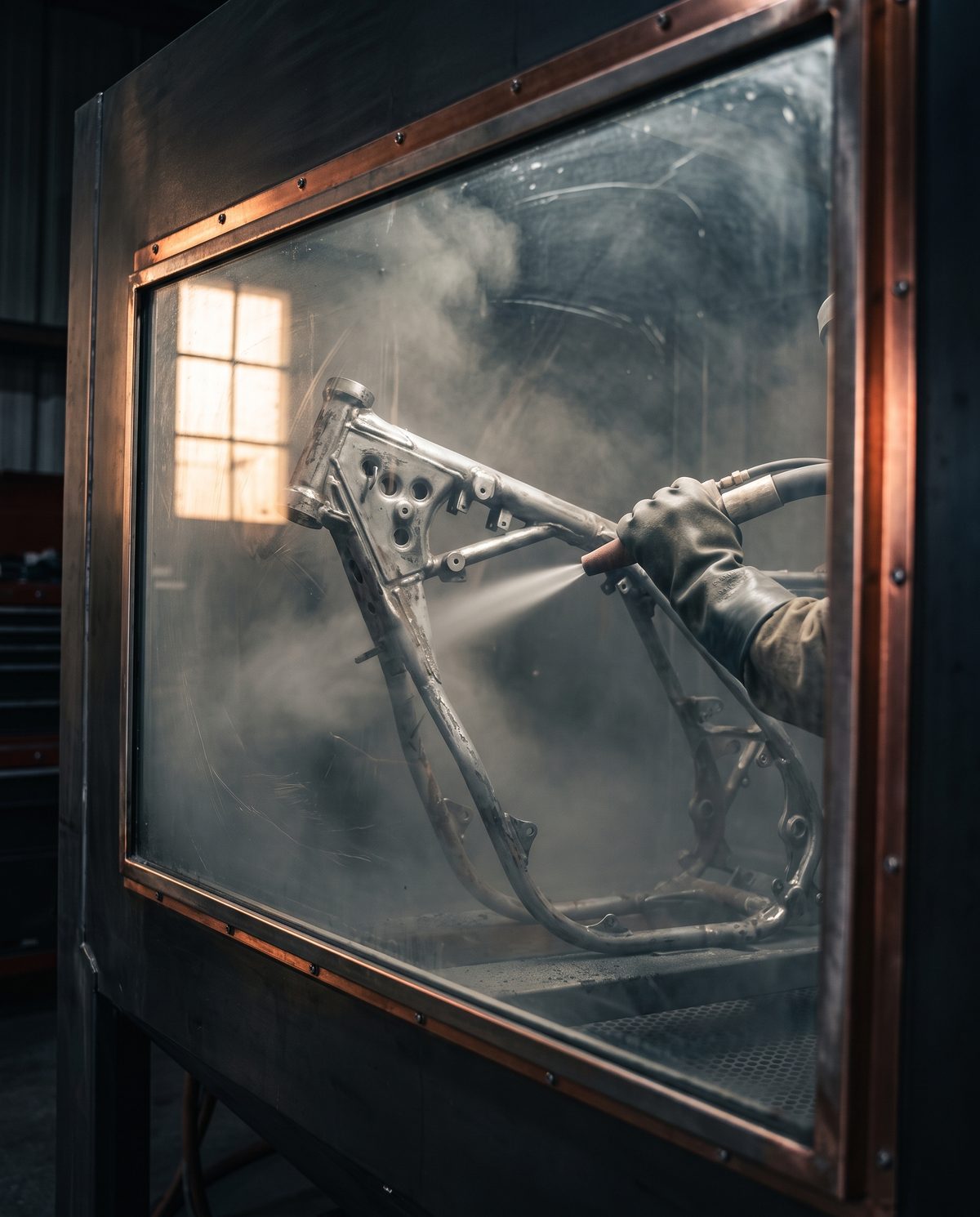 A motorcycle frame being stripped back to bare metal inside a grit blast cabinet