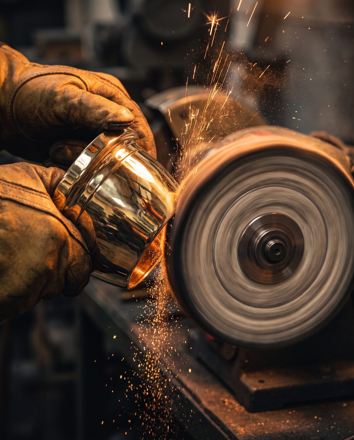 A brass component held against a spinning polishing mop wheel, brought to a mirror finish