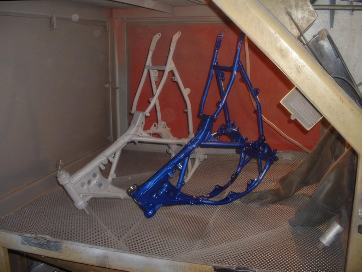 Motorcycle frames inside the grit blast cabinet