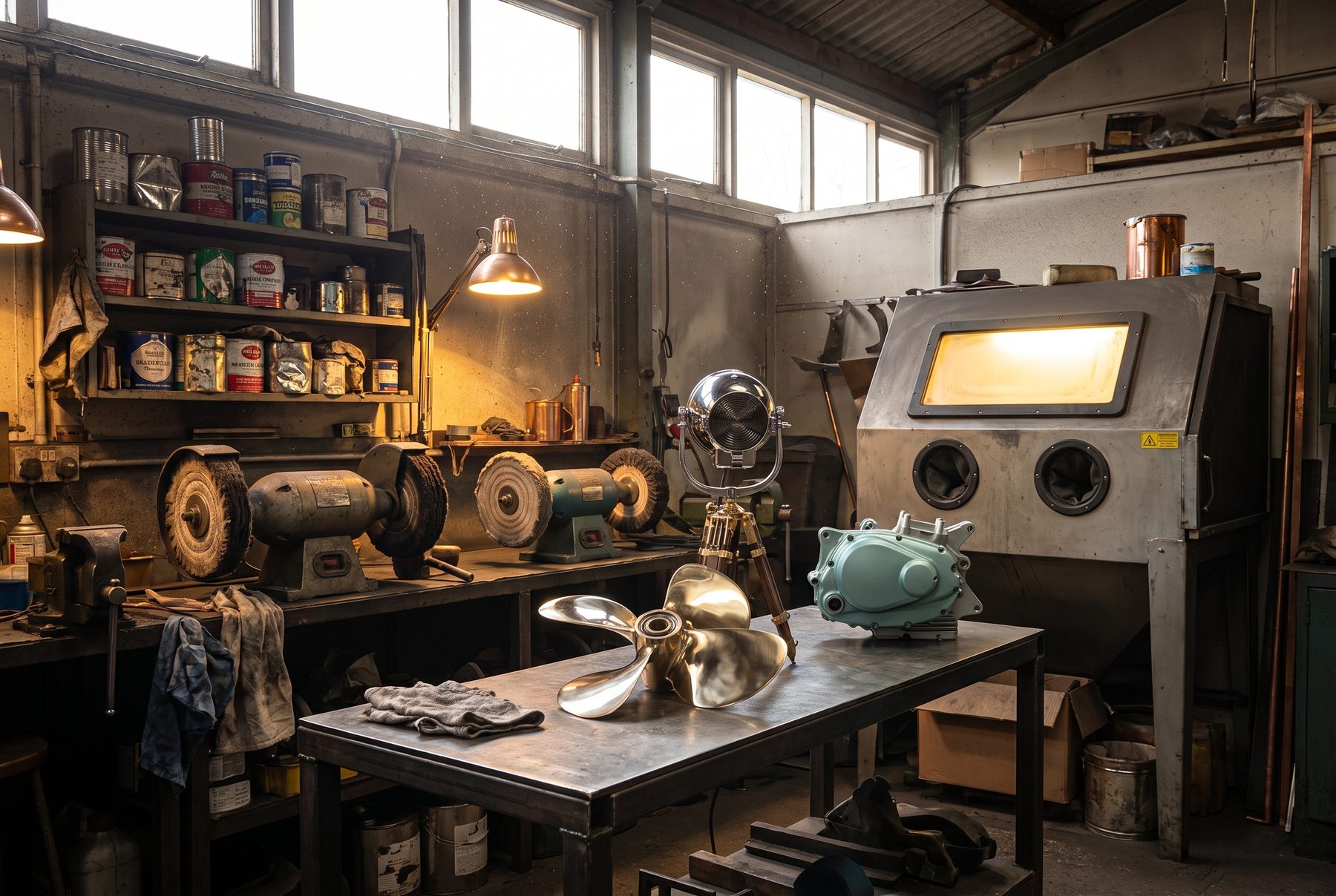 A metal finishing workshop with bench polishers, a blast cabinet and finished parts on the bench