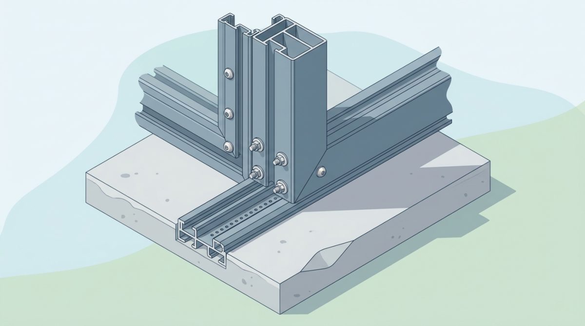 Close-up of an aluminium pool enclosure joint showing interlocking profiles, stainless steel fixings, and integrated drainage channel at the base rail