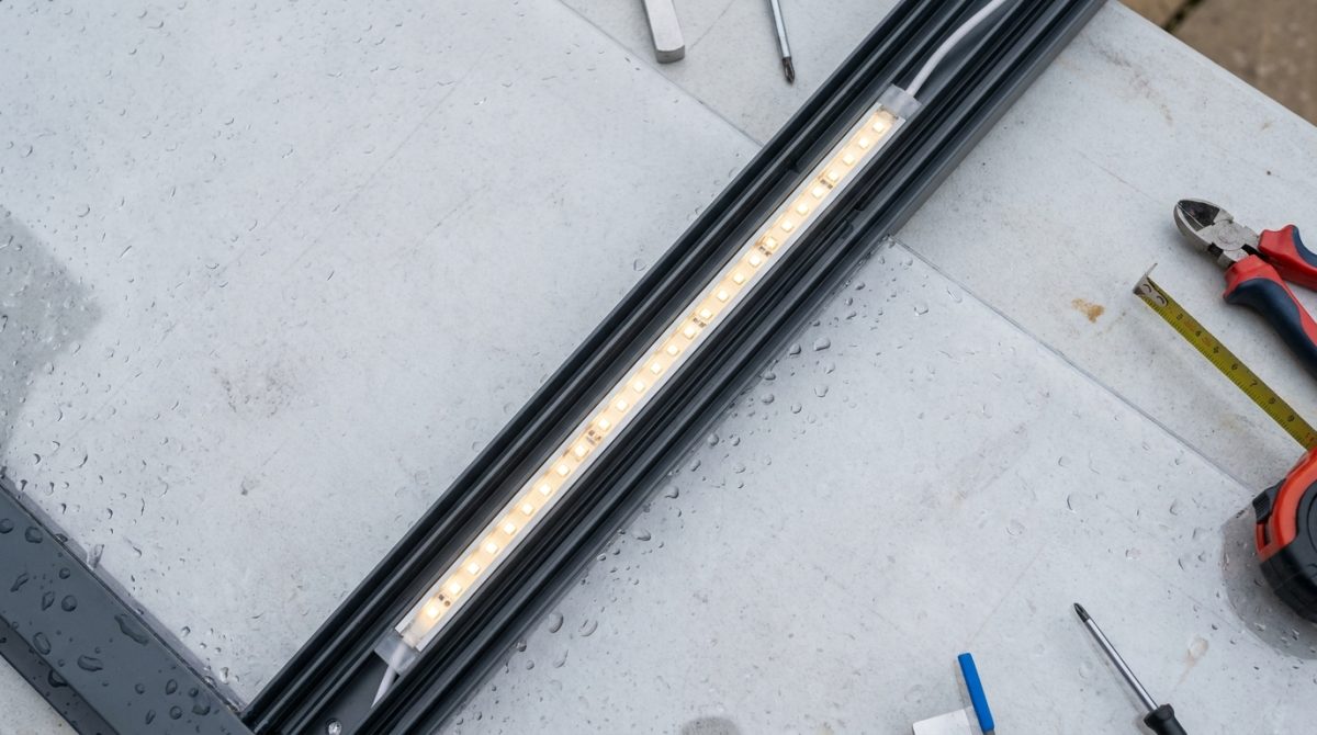 Close-up of IP65-rated recessed LED strip fittings installed flush within the aluminium glazing bar profile of a pool enclosure frame, with water droplets visible on the polycarbonate glazing panels