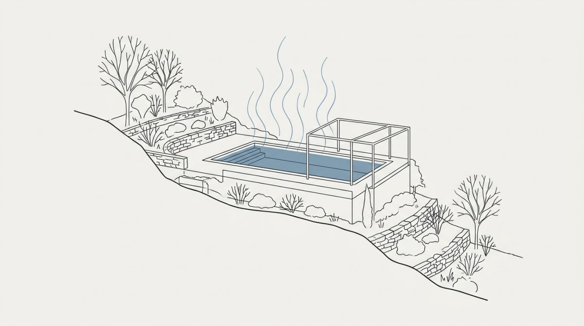 An outdoor residential swimming pool on an exposed hillside garden on a cold autumn morning, with steam rising from the warm water surface into cool air