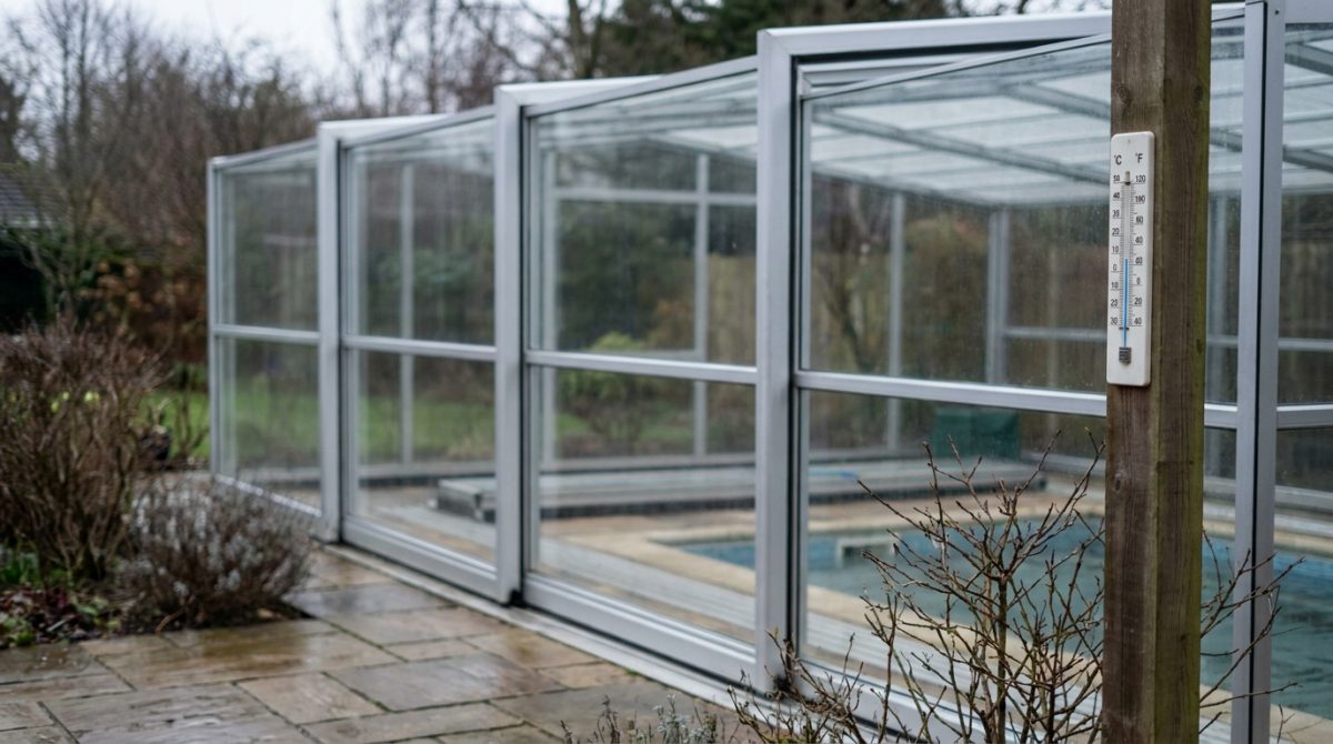 A domestic aluminium pool enclosure seen from outside on a grey UK winter day, with condensation-free glazing panels and an outdoor thermometer visible beside the structure