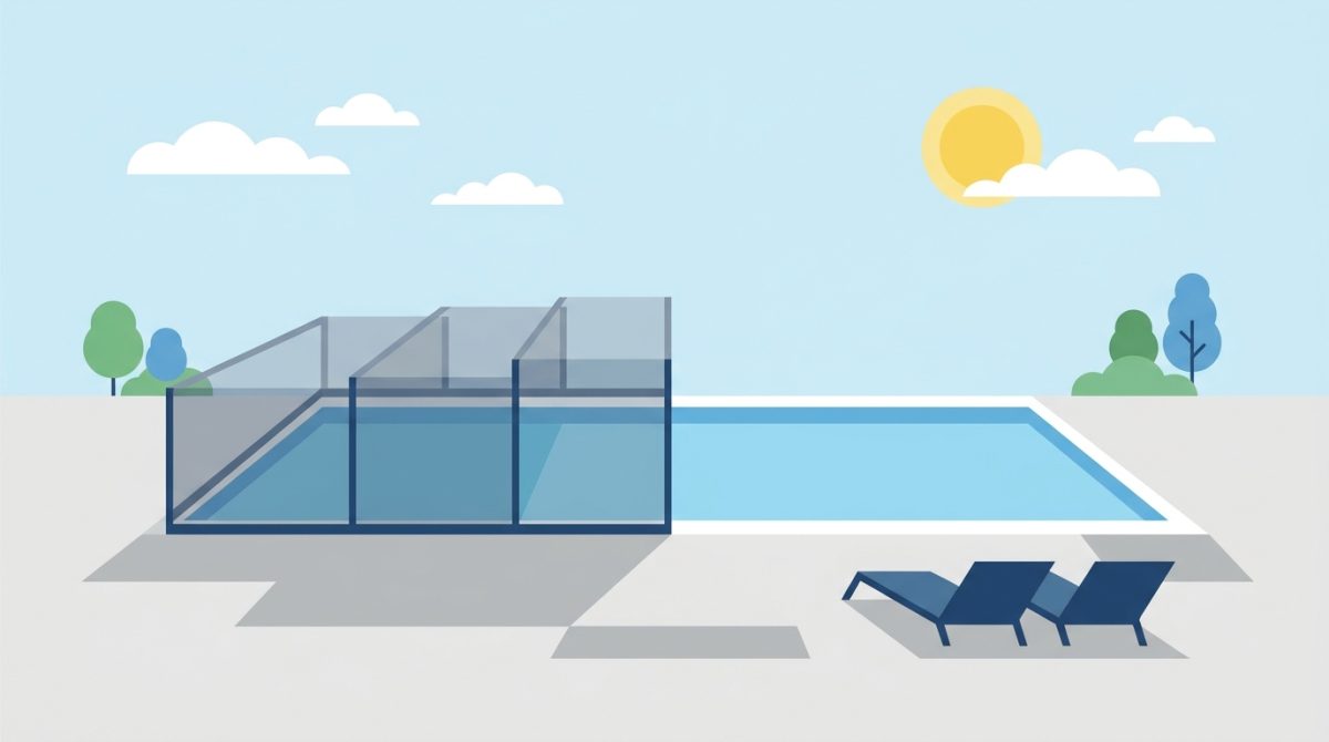 Aluminium telescopic pool enclosure sections partially retracted over a 25-metre outdoor public swimming pool on a sunny day, showing the open sky above one half and the covered section over the other half