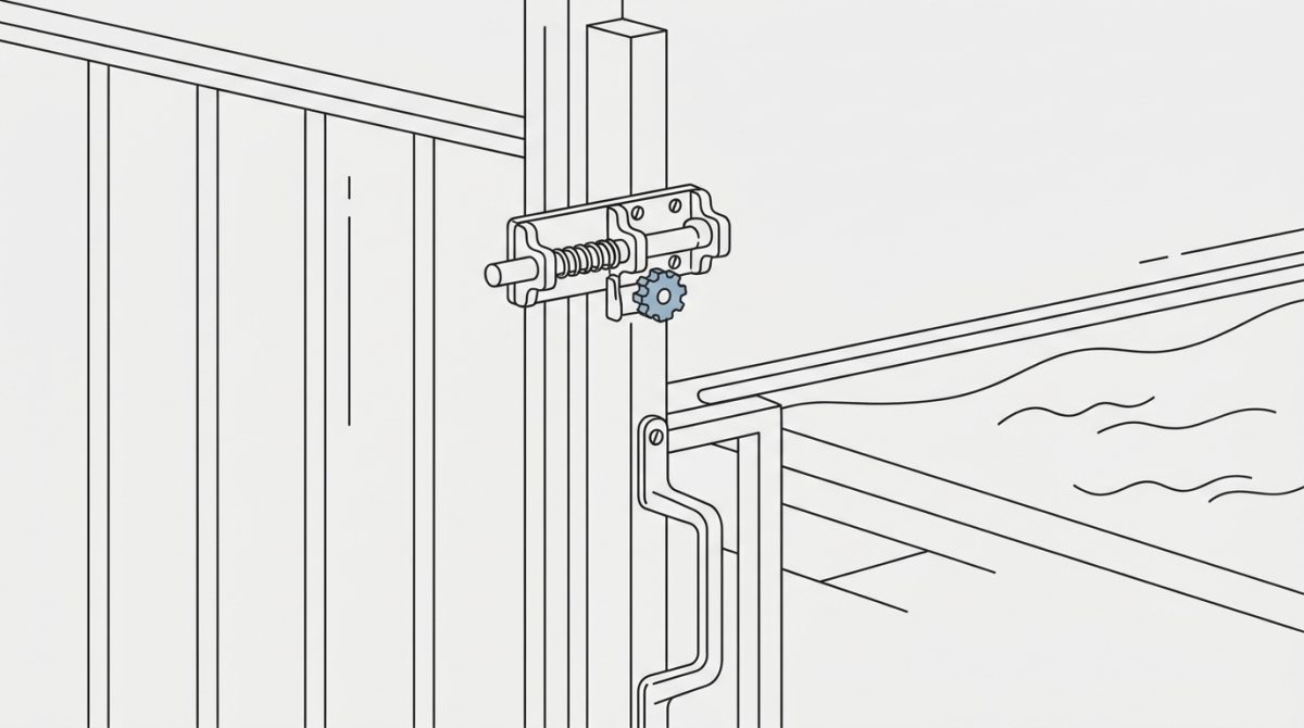 A close-up of a self-latching gate mechanism on a powder-coated aluminium pool fence beside a residential garden pool, showing the latch positioned high on the pool-facing side of the gate