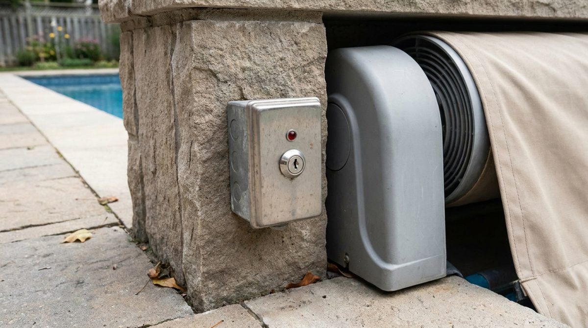 A child-proof key switch mechanism mounted on a poolside wall next to a retracted automatic safety cover roller housing